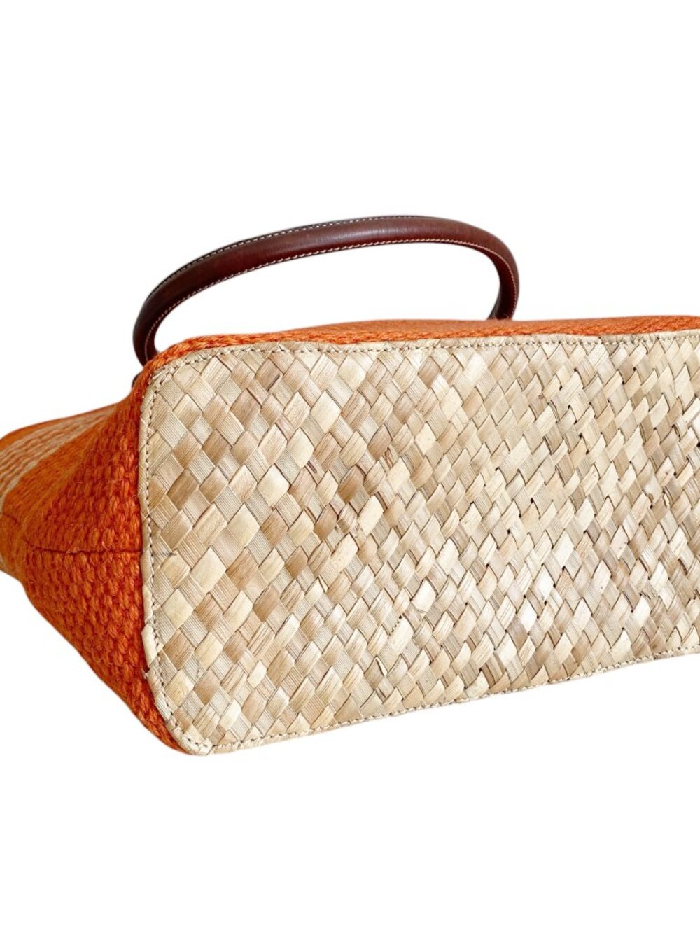Vtg GAP Orange Straw Jute Bag Farmers Market Tote Leather Straps Striped - Picture 7 of 10